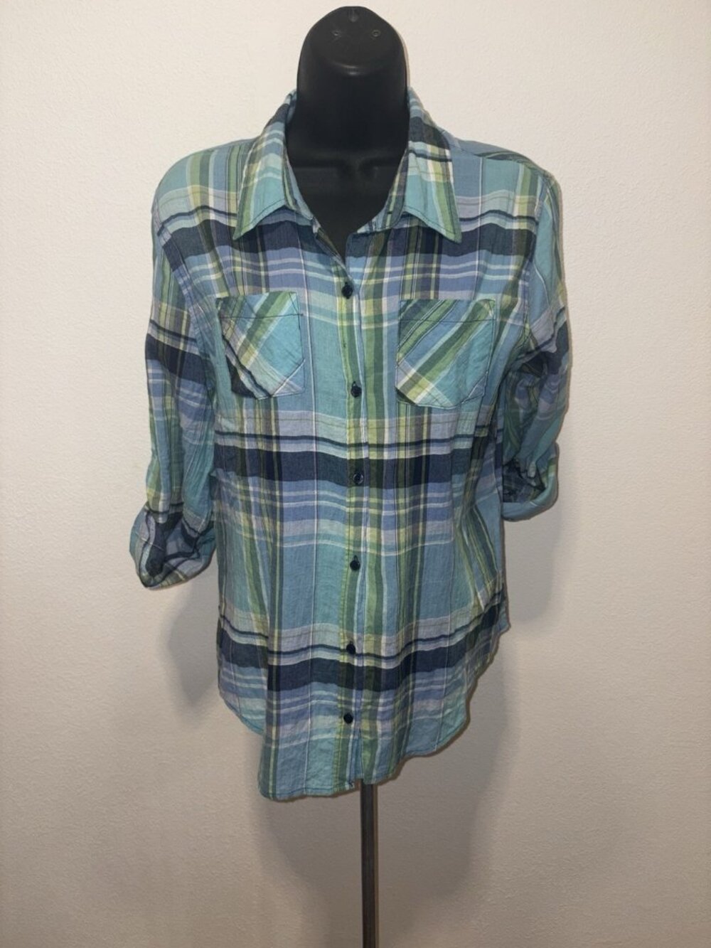 Mossimo Roll Tab Sleeve Plaid Blouse Top Button Front Women L Large